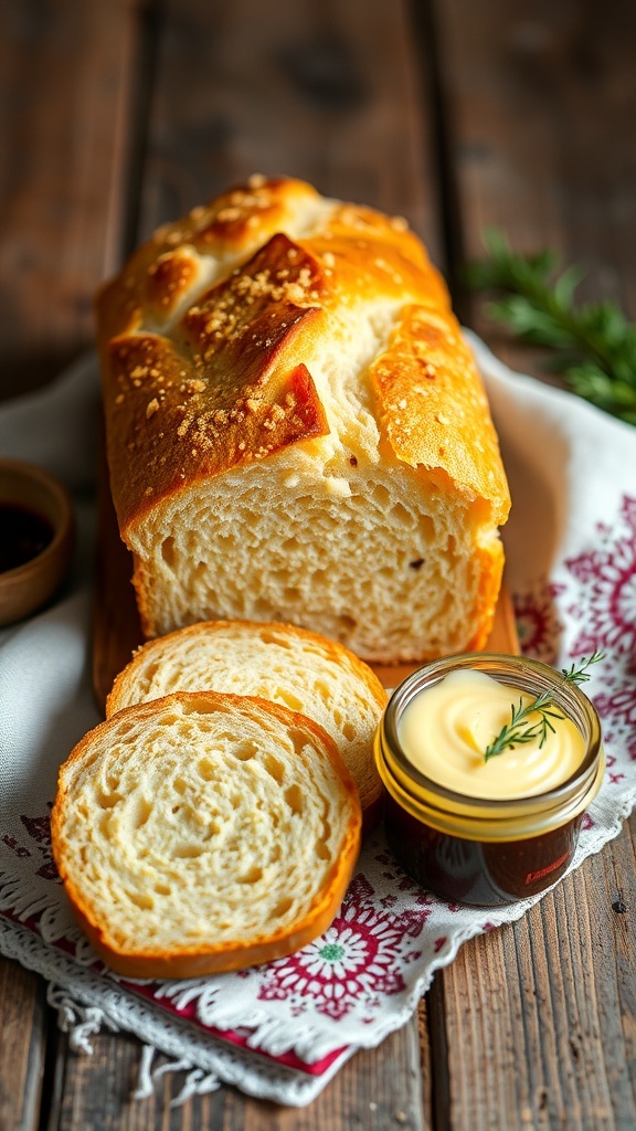 A loaf of homemade bread with flavored butter in a jar, presented as a gift on a rustic table.
